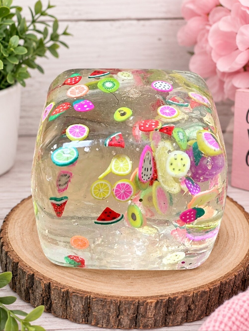 Clear Fruit Confetti Sensory Squishy Cube - Pink & Multicolor